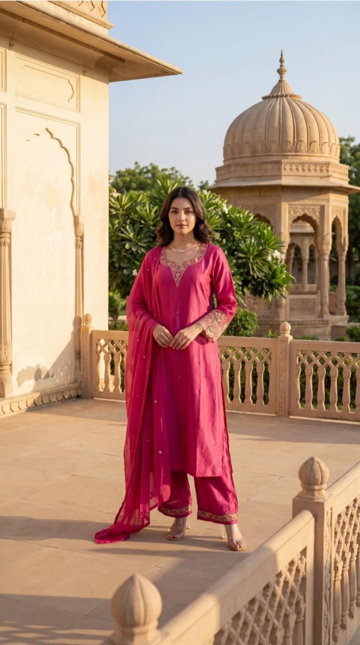 Adevira Ethnic Motifs Embroidered Kurta with Palazzos & Dupatta