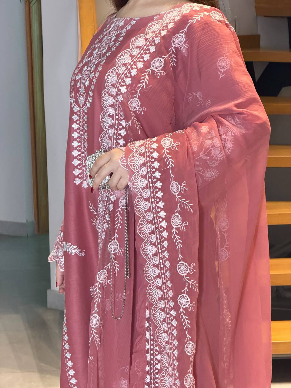 Onion Pink Embroidery Mul Chanderi Pakistani Suit