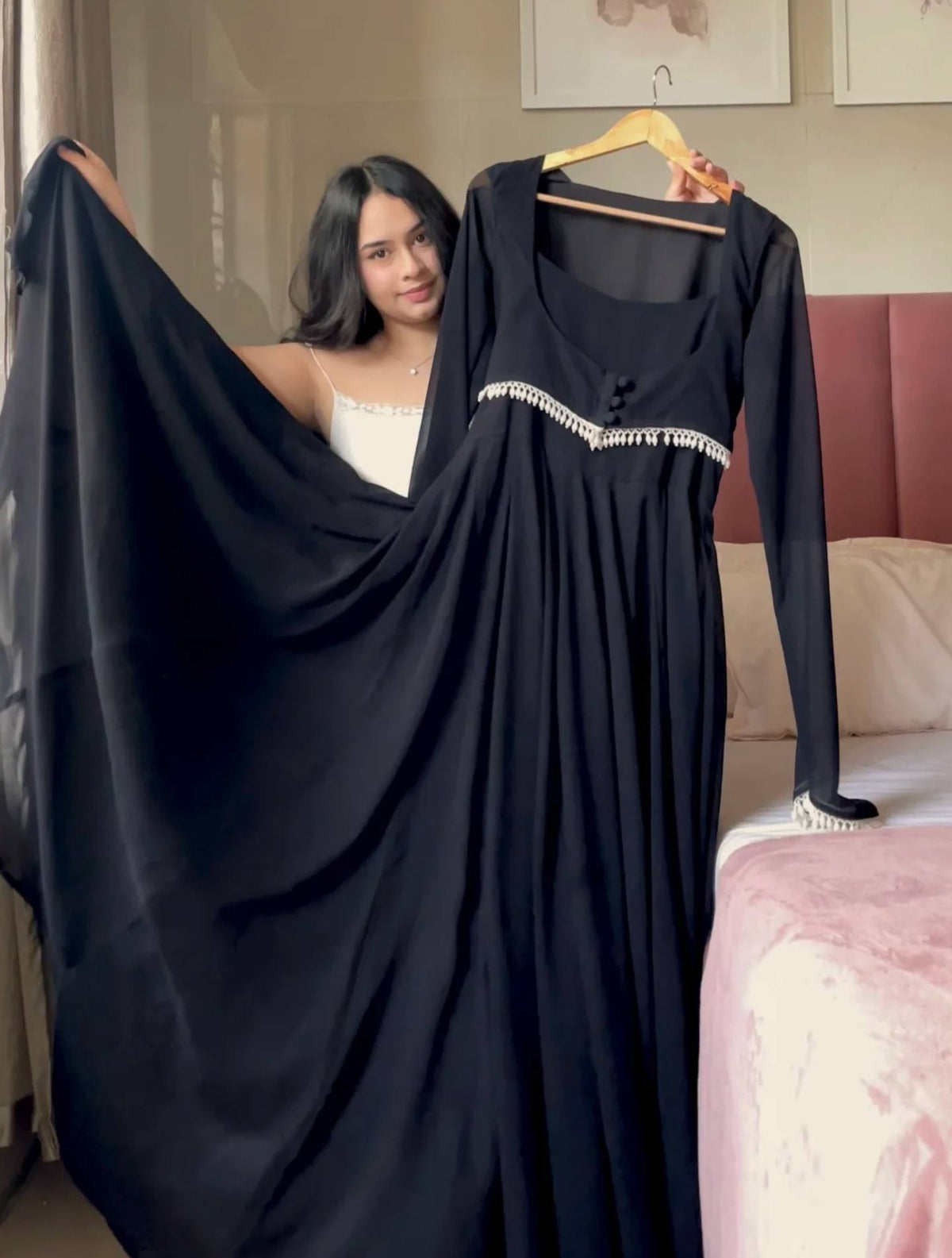 Black Flared Anarkali Gown with Elegant Square Neckline, Sheer Sleeves and Pearl
