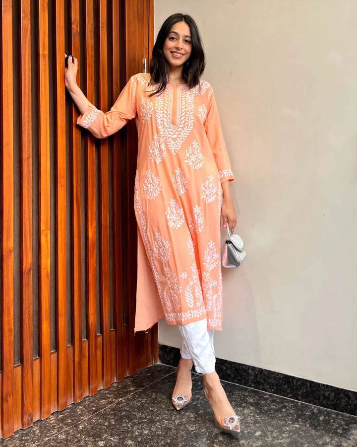 Adevira Peach Chikankari Kurta Set