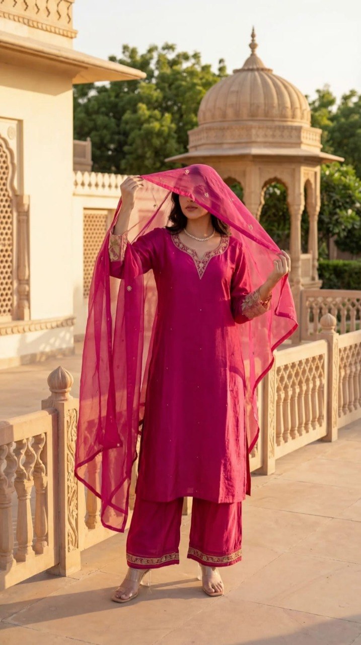 Adevira Ethnic Motifs Embroidered Kurta with Palazzos & Dupatta