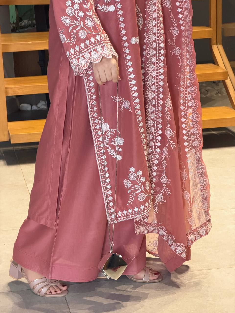 Onion Pink Embroidery Mul Chanderi Pakistani Suit