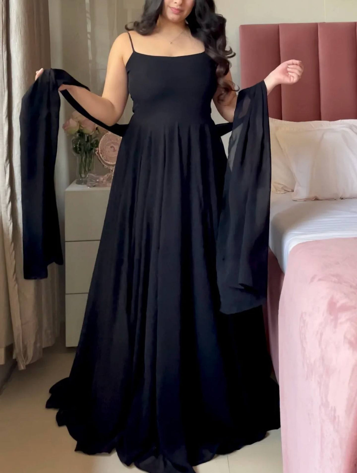 Black Flared Anarkali Gown with Elegant Square Neckline, Sheer Sleeves and Pearl