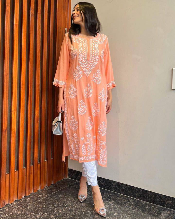 Adevira Peach Chikankari Kurta Set