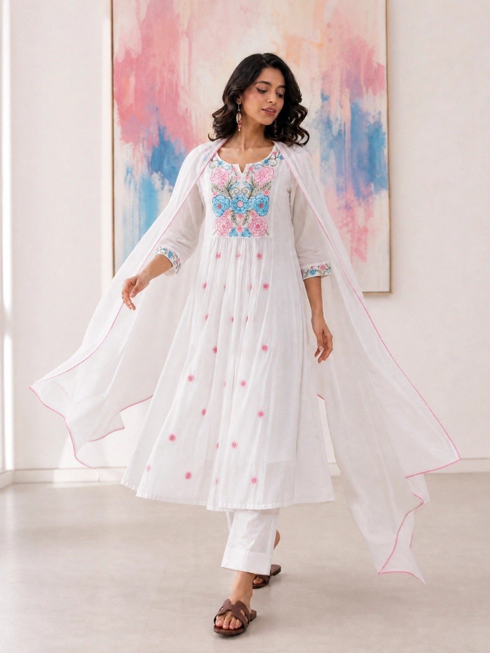 Adevira Off White Embroidered A-Line Kurta Trousers With Dupatta set