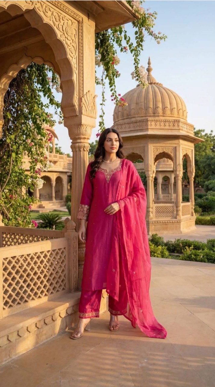 Adevira Ethnic Motifs Embroidered Kurta with Palazzos & Dupatta