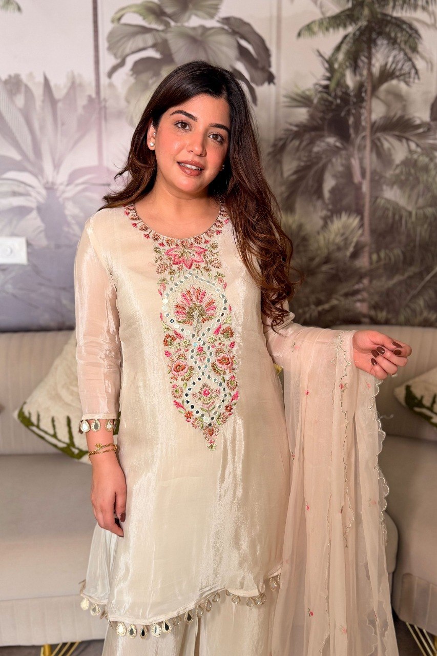 Adevira Chinon Embroidery Mirror Work Kurti With Bottom Dupatta