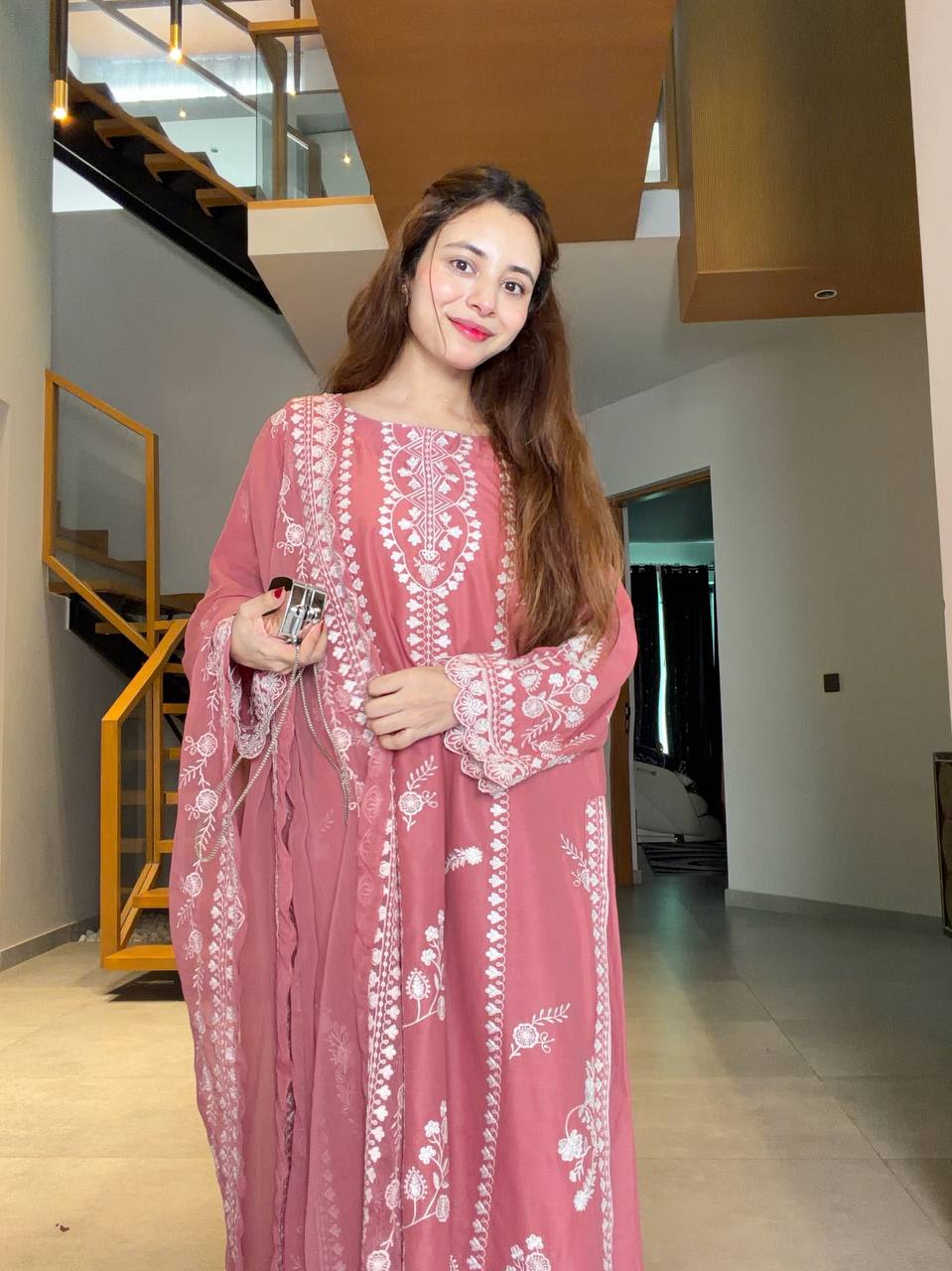 Onion Pink Embroidery Mul Chanderi Pakistani Suit