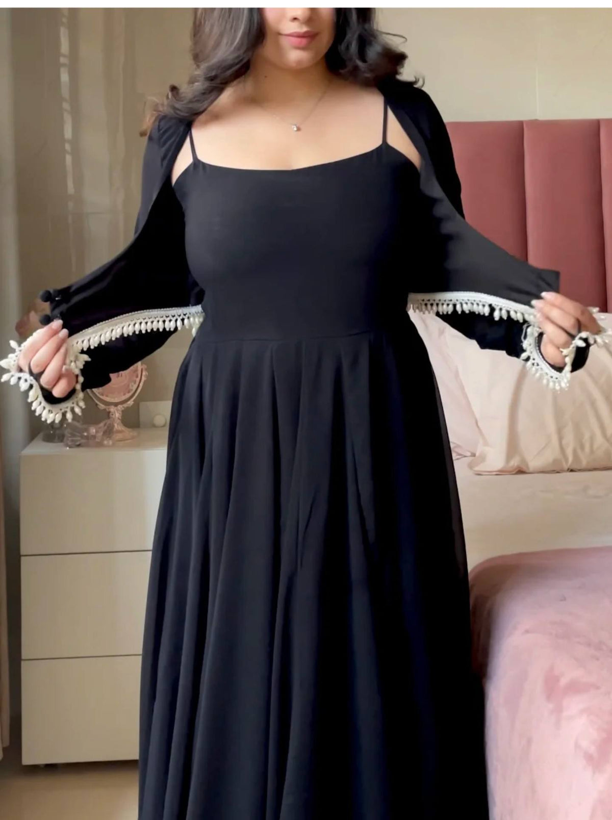 Black Flared Anarkali Gown with Elegant Square Neckline, Sheer Sleeves and Pearl