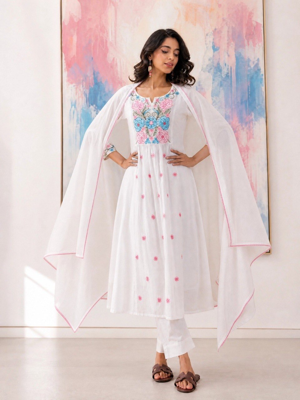 Adevira Off White Embroidered A-Line Kurta Trousers With Dupatta set