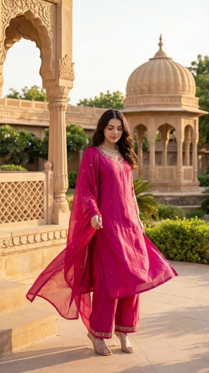 Adevira Ethnic Motifs Embroidered Kurta with Palazzos & Dupatta