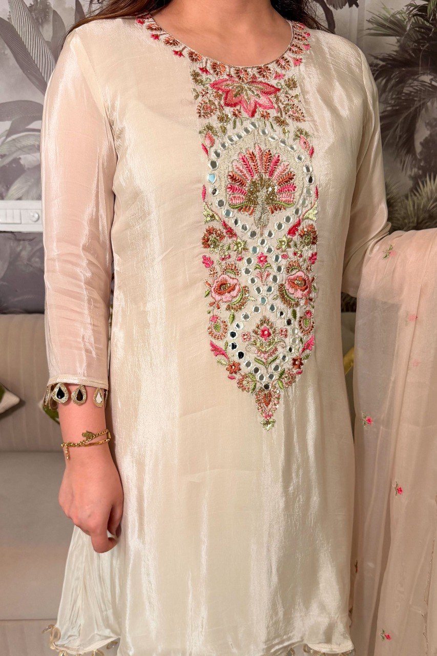 Adevira Chinon Embroidery Mirror Work Kurti With Bottom Dupatta