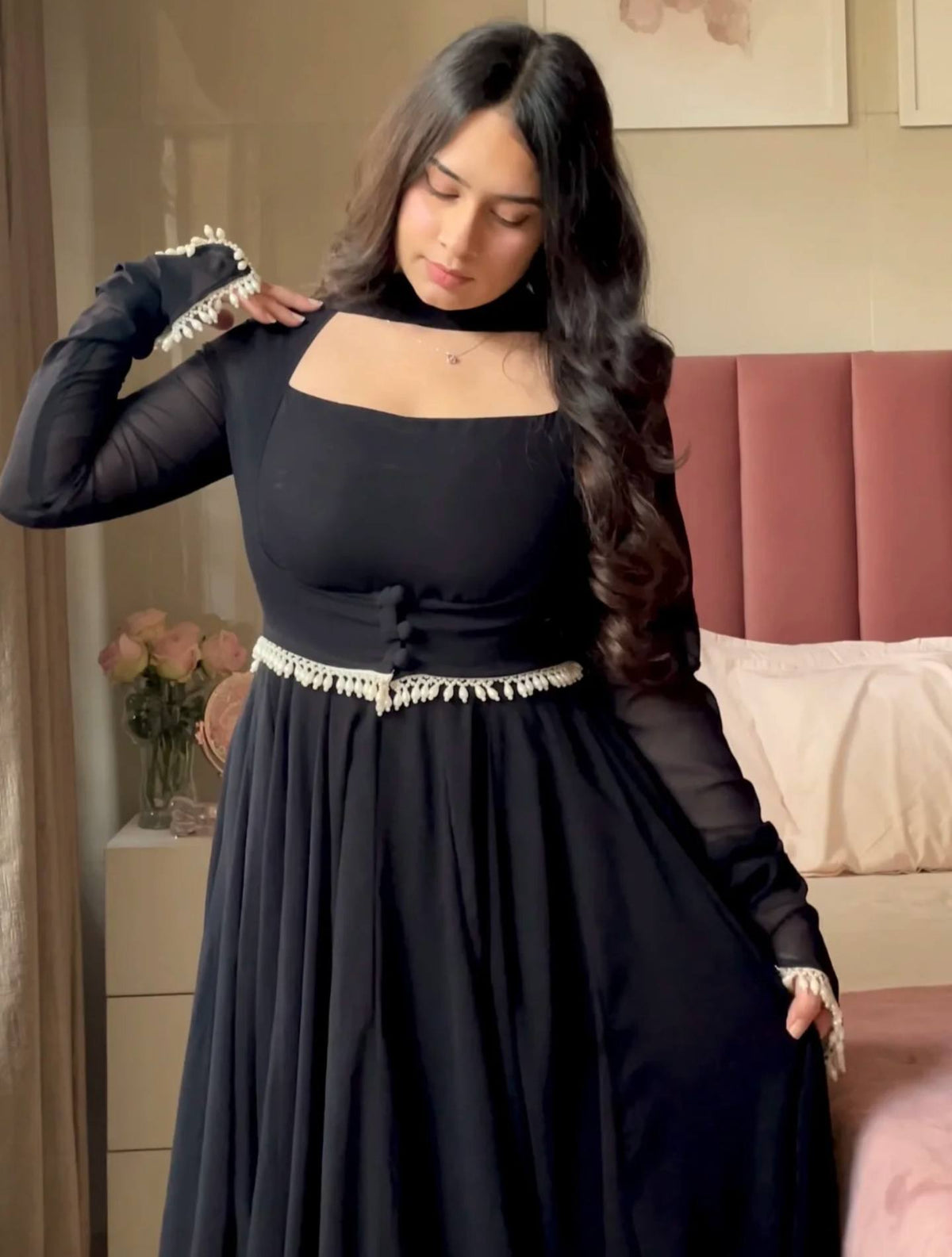Black Flared Anarkali Gown with Elegant Square Neckline, Sheer Sleeves and Pearl